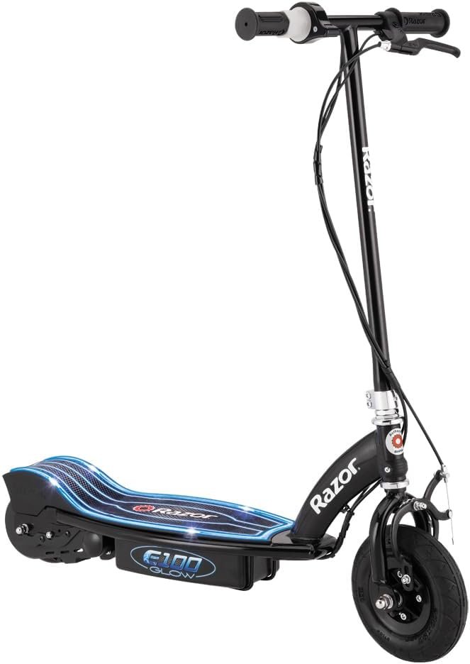 Razor E100 Glow Electric Scooter for Kids Age 8+, LED Light-Up Deck, 8 Air-filled Front Tire, Up to 40 Minutes Continuous Ride Time